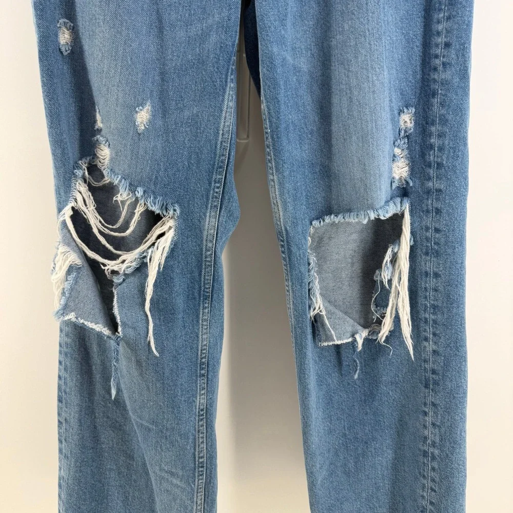 H&M 90s Straight Jeans Womens 6 Blue Distressed Ripped High Rise Grunge‎ Skater
